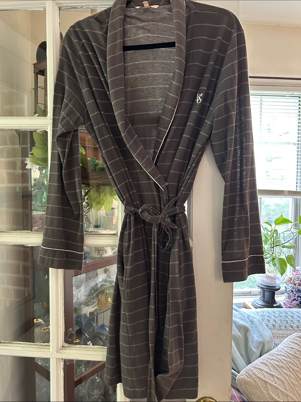 Victoria's Secret Gray Metallic Silver pinstripes Kimono-style robe
